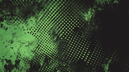 Abstract green and black background texture with halftone dots and grunge effects suitable for various artistic and modern design projects