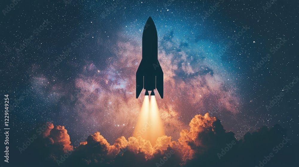 Poster rocket launching into starry space with colorful nebula background