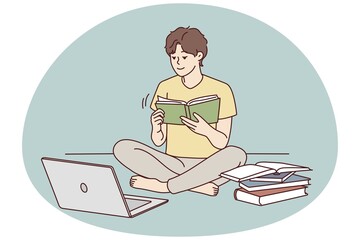 Guy sit on floor study on compute read textbooks prepare for exam. Focused male student enjoy books reading use computer for school preparation. Vector illustration