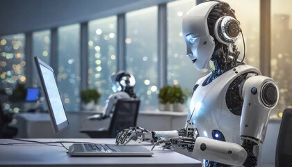 Fototapeta premium AI generated, A robot works in the call centre, call centre, artificial intelligence, software, update, test, new development, research laboratory, high tech, cable harnesses, open-plan office, desk, laptop, headset