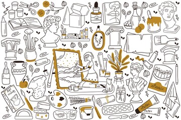Painting doodle set. Collection of hand drawn sketches templates patterns of woman girl artist painter with easel and paintbrush drawing pictures on canvas. Creative occupation and art illustration