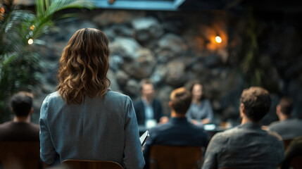 Obraz premium woman stands in front of conference room, presenting to audience. setting features stone wall and relaxed atmosphere, enhancing engagement and focus