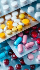 Pharmaceutical array showcasing multicolored tablets and capsules in blister packs