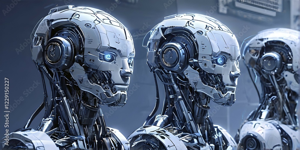 Poster advanced humanoid robot heads illustrating future robot concepts, ai generated