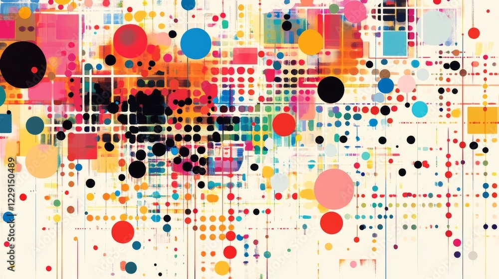 Poster a colorful background with many different colored circles. some of the circles are red, blue, and ye