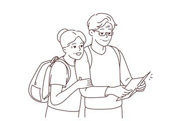 Smiling mature couple with backpacks look at paper map travel together. Happy elderly man and woman travelers look on vacation. Vector illustration