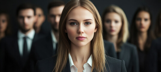 Obraz premium confident woman stands front of group of professionals, showcasing leadership and determination. background features blurred figures business attire, emphasizing her role as standout candidate