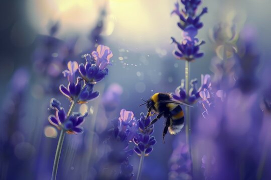 Large earth bumblebee (Bombus terrestris) on lavender flower (Lavendula), AI generated, AI generated, AI generated