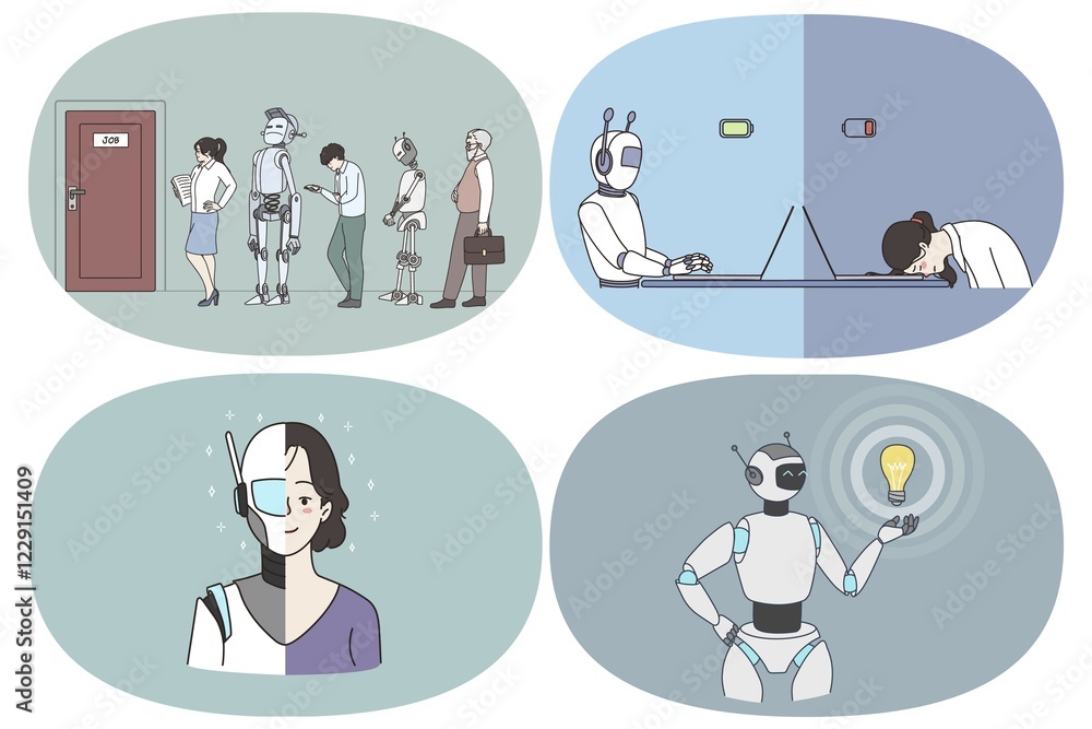 Poster artificial intelligence and futuristic technologies concept. set of robots working as humans waiting