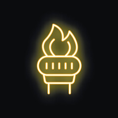 Minimalist vector illustration of a yellow brazier burning with bright flames, glowing on black background