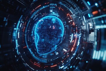 High-tech artificial intelligence interface with glowing blue holographic human face. Surrounded by complex data streams.