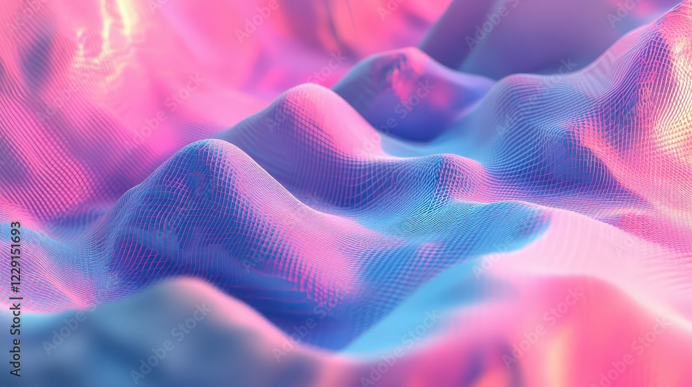 Poster abstract 3d surface with soft wave patterns and vibrant colors in shades of blue, pink, and purple c