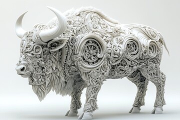 Intricate white sculpture of a bison showcasing detailed carvings and patterns in an artistic...