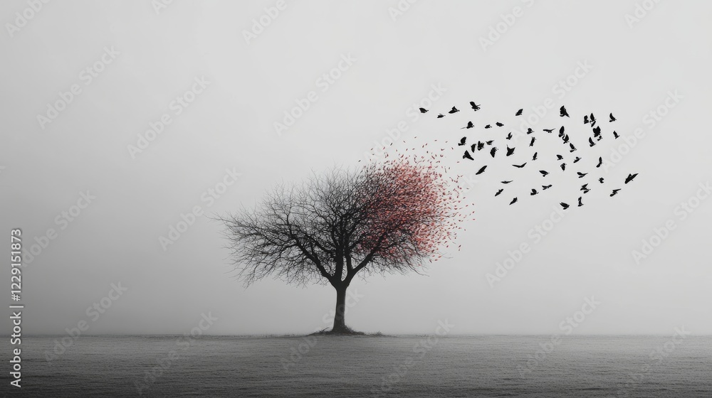 Poster a tree with red leaves and a bird flying in front of it. there are many birds flying around the tree