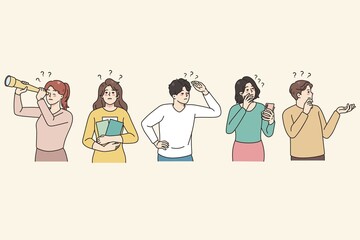 Naklejka premium Diverse people with binoculars and spyglass feel confused looking for problem solution. Men and woman frustrated with dilemma, solving business trouble together. illustration