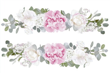 Watercolor drawn pattern of peony flowers and leaves in pastel colors of pink, white and green. Copy space for text