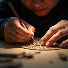 Hands Masterfully Engraving Intricate Patterns on Circular Craft Piece with Fine-Pointed Tool