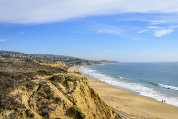 View of the sandy beach from Vista Point, Pelican Point, coastal reserve, Crystal Cove State Park, Orange County, California, USA, North America