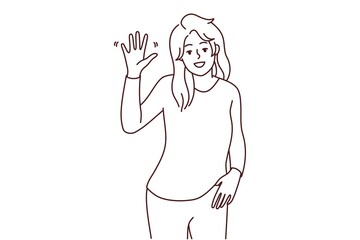 Portrait of smiling young woman wave with hand feeling overjoyed and optimistic. Happy female make hand gesture greeting or welcoming. Vector illustration