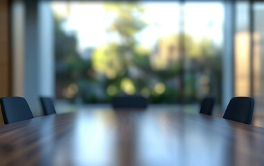 blurred view of conference room table with empty chairs, creating calm and professional atmosphere. background features soft greenery, enhancing serene environment
