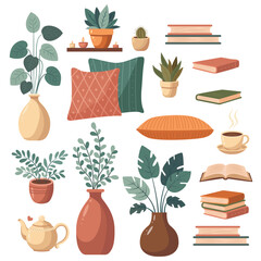 Vector set of objects for decorating a cozy environment. Books, pillows and indoor plants. The concept of rest, comfort and relaxation.