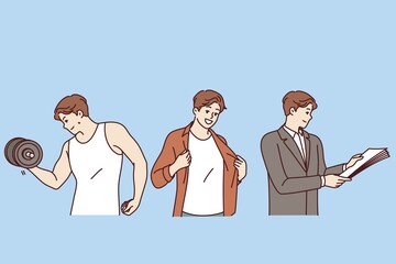 Lifestyle of successful man doing sports and dressing for party before work day. Young man at different times lifts dumbbell and reads business documents or is getting ready for date with girlfriend