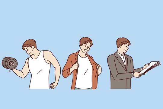 Lifestyle of successful man doing sports and dressing for party before work day. Young man at different times lifts dumbbell and reads business documents or is getting ready for date with girlfriend