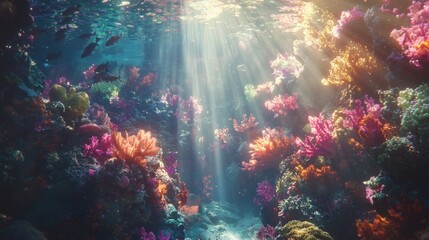 Sunbeams Illuminating Vibrant Coral Reef