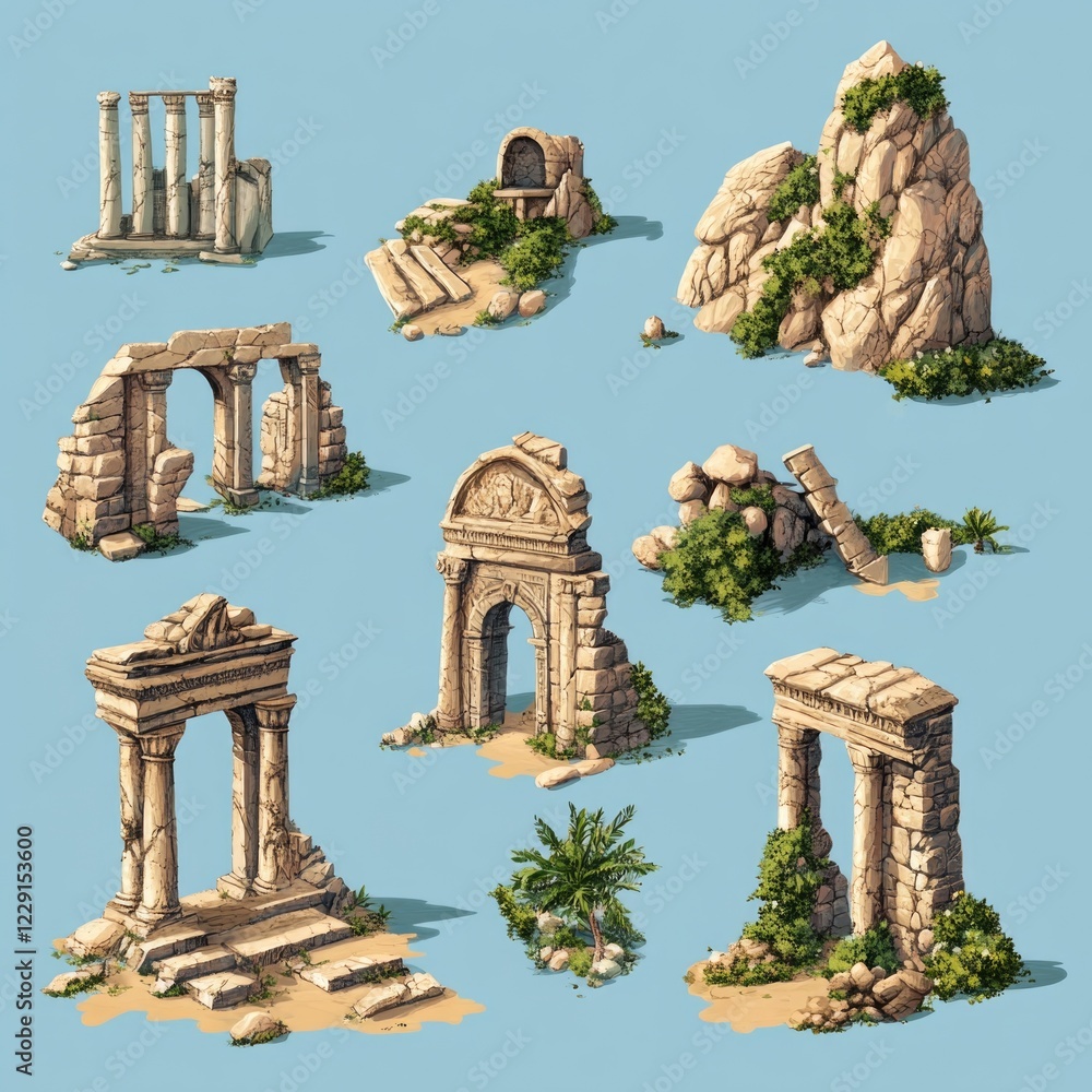 Poster collection of ancient stone monuments and structures with unique shapes and designs