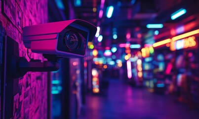 Surveillance Camera in Neon-Lit Retail Space Ensuring Security Against Robbery at Night with Blurred Background, 