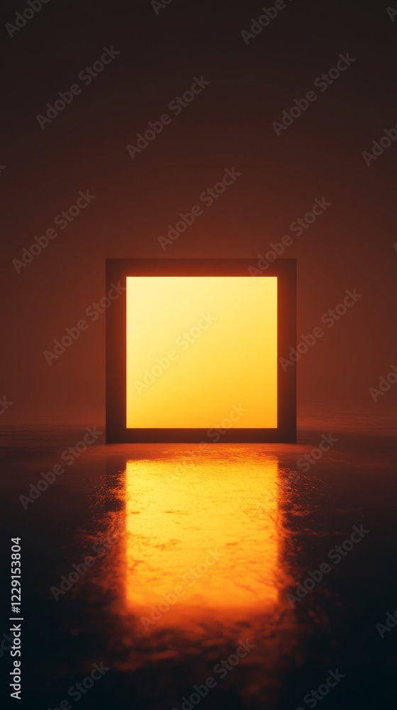 Poster square box with a yellow light shining on it. the light is reflecting off the floor, creating a warm
