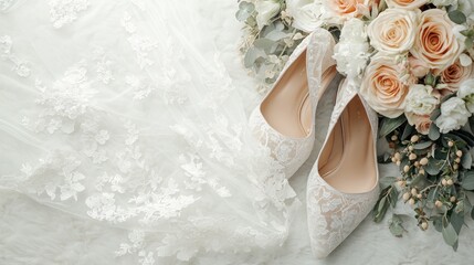 Elegant wedding dress, delicate lace, and beautiful floral bouquet featuring roses and greenery, complemented by stylish bridal shoes.