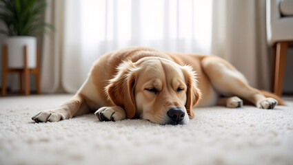 Golden Retriever dog happy sleeping, lying, on a white carpet in living room, love pet, house, family