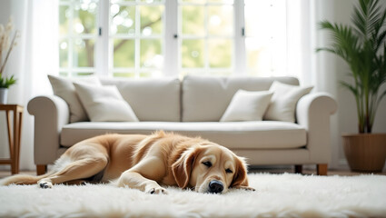 Golden Retriever dog happy sleeping, lying, on carpet in living room, love pet, house, family