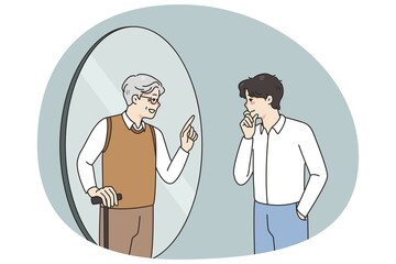 Young man look in mirror see talk with future old self. Younger generation male get advice from older generation himself. Lifetime and self-realization. Vector illustration