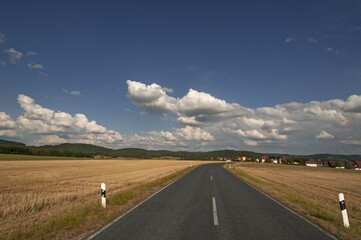Road between mown down fields, Kirch Röttenbach, Middle Franconia, Bavaria, Germany, Europe