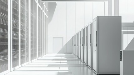 Fototapeta premium Modern Data Center Interior with Sleek Server Racks and Bright Windows