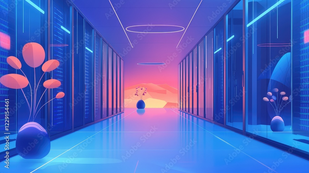 Poster futuristic data center with neon lights and abstract design elements