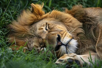 Male lion sleeping on grass Generative AI, AI generated
