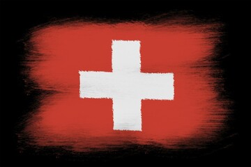 Obraz premium The Swiss flag, Painted grunge flag, brush strokes. Isolated on black background