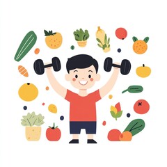 Fototapeta premium Happy boy lifting weights surrounded by healthy fruits and vegetables. (1)