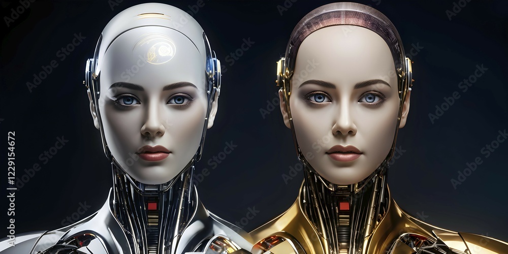 Poster advanced humanoid robot heads illustrating future robot concepts, ai generated