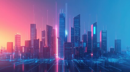 Fototapeta premium Futuristic Cityscape with Neon Lights and Digital Elements at Dusk