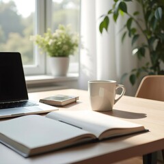 Tranquil Workspace with Natural Light, Open Book, Laptop, and Potted Plants