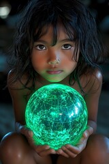 Fototapeta premium Concept art of globe glowing green in the hands of children symbolizing the next generations role