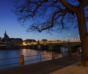 View from Rheinweg to tMittlere Rheinbrücke and Grossbasel in the evening, Basel, Canton of Basel-Stadt, Switzerland, Europe