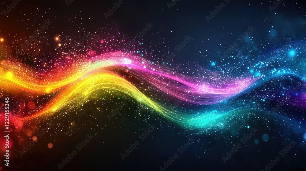 Poster vibrant wave of colorful light sparks dancing against a dark background in an abstract artistic comp