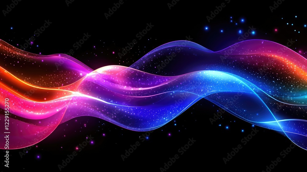 Poster vibrant abstract wave patterns with colorful lights and stars in a dark background suitable for mode