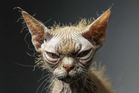 Close up of ugly cat with large eyes and sparse fur. KI generiert, generiert, AI generated