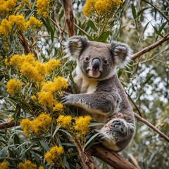 Obraz premium A koala and her baby perched on a tree with a blanket of golden wattle flowers below.